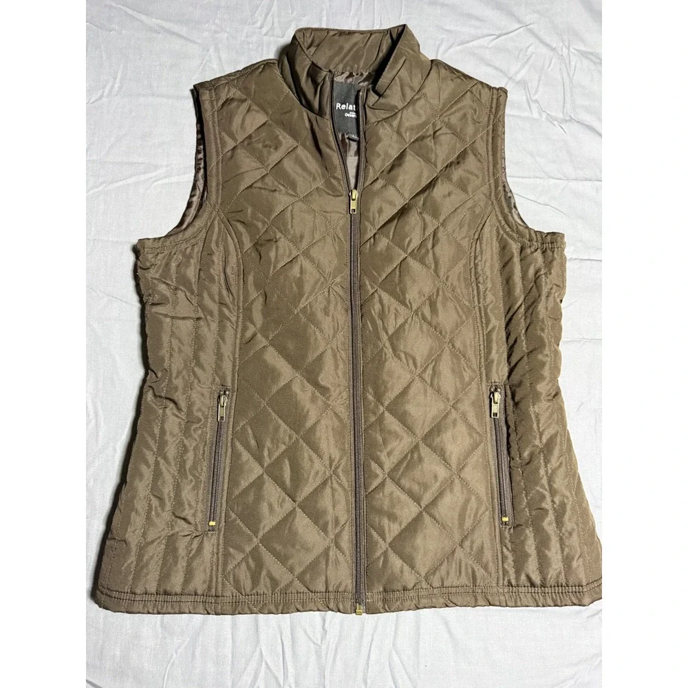 Relativity Quilted Vest Womens Large Brown Good Full Zip Sleeveless Outerwear